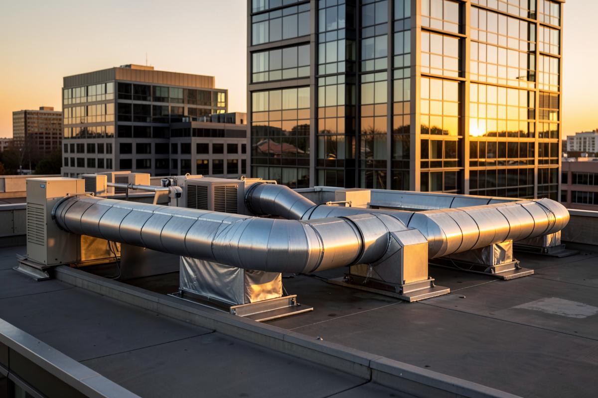 Rooftop commercial HVAC ductwork on a commercial office building at sunset