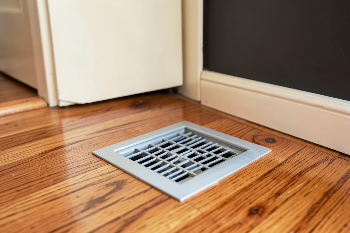 Floor register vent cover set in oak hardwood flooring in a Baltimore home